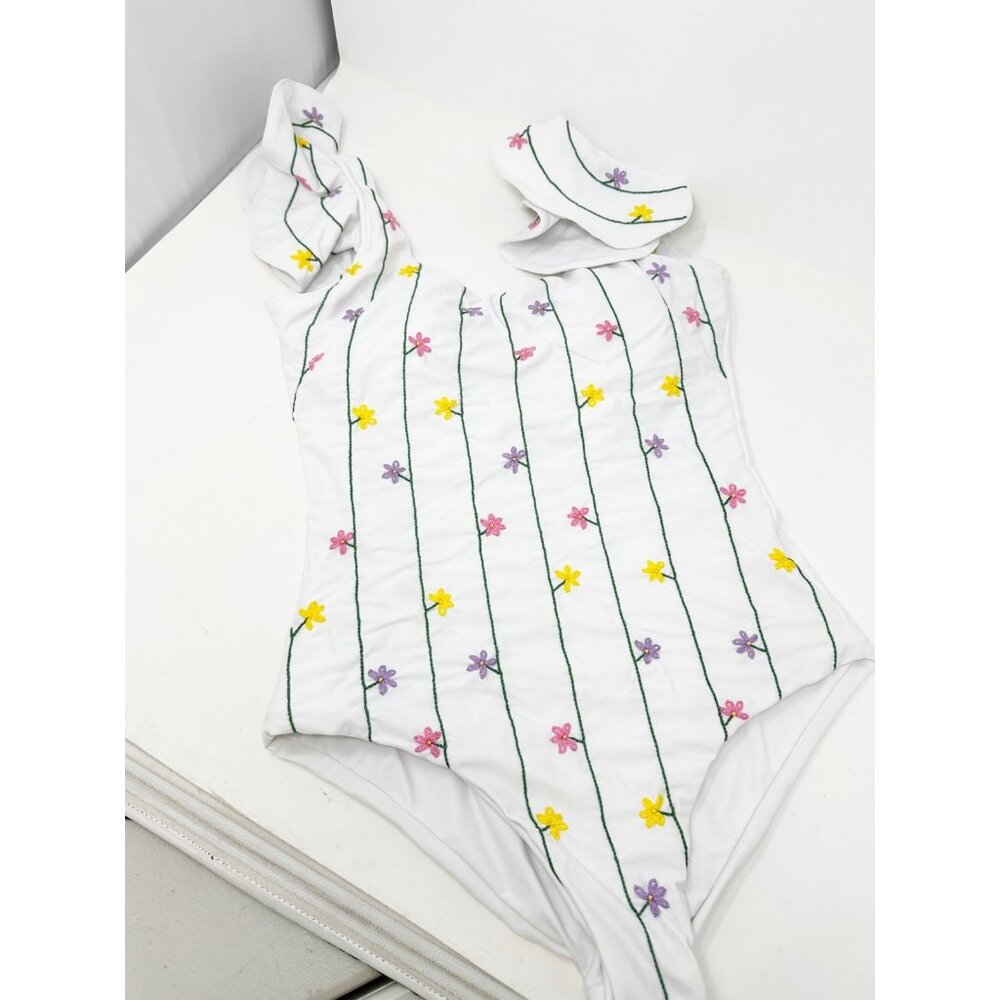 Luccas Beach And‎ Fun One Piece Floral Striped Embroidered Ruffle Sleeve Medium